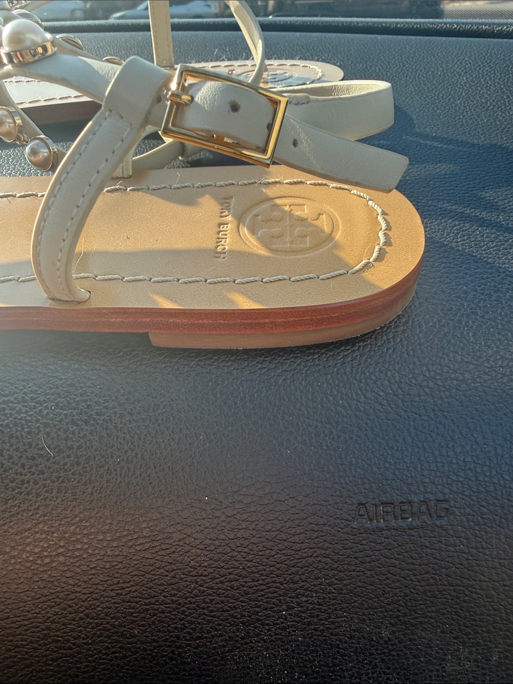 Tory Burch Cream Leather T-Strap Sandals with Gold Hardware